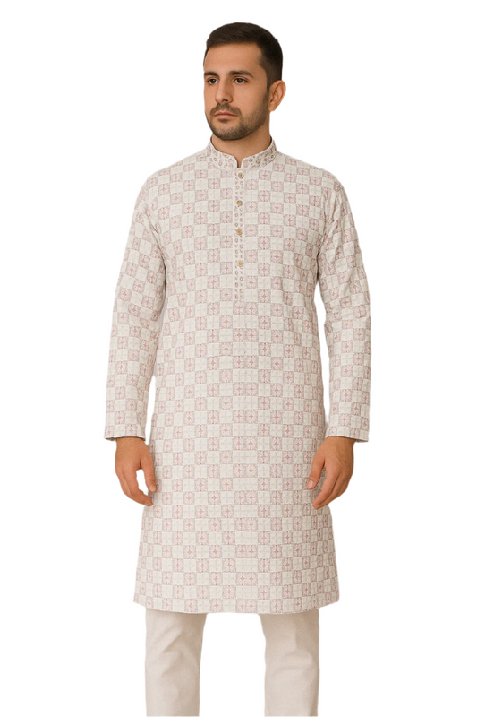White Checkered Jacquard Kurta with White Pajama