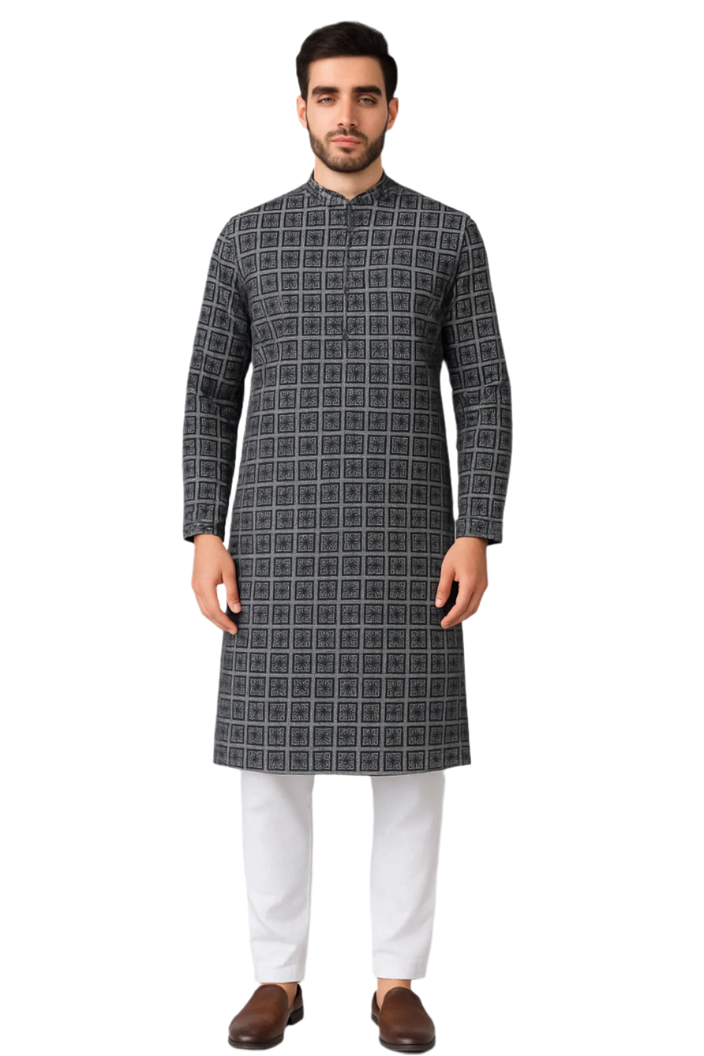Charcoal Grey Block Print Kurta with White Pajama