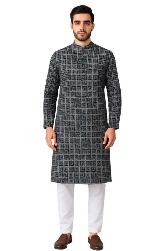 Charcoal Grey Block Print Kurta with White Pajama