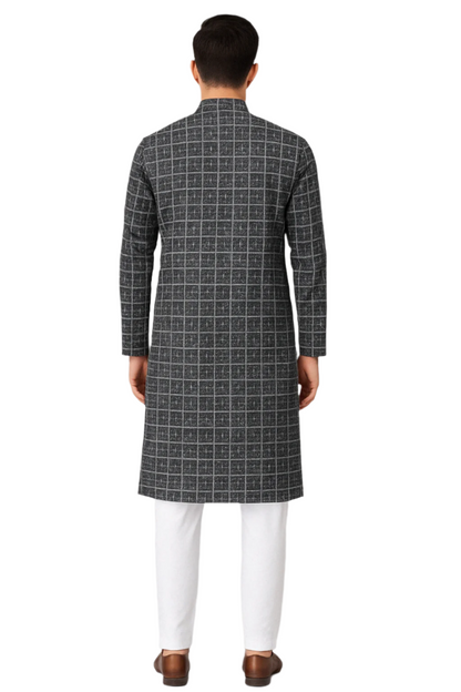 Charcoal Grey Block Print Kurta with White Pajama