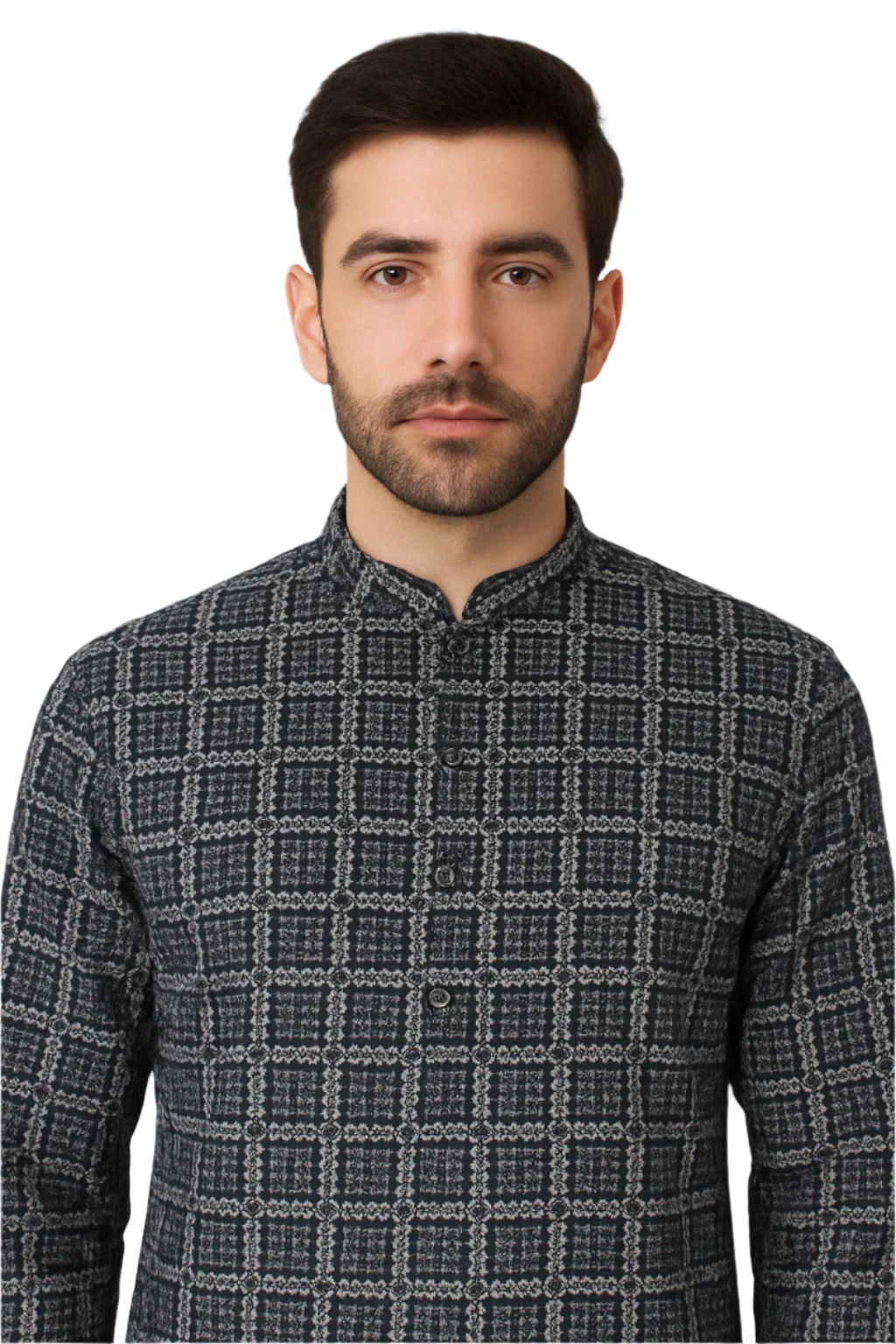 Charcoal Grey Block Print Kurta with White Pajama