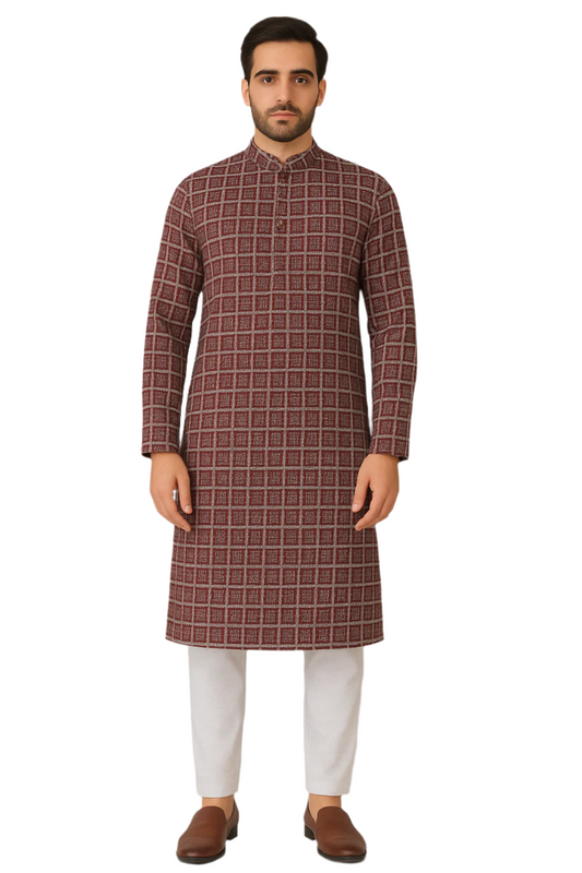 Maroon Block Print Kurta with White Pajama
