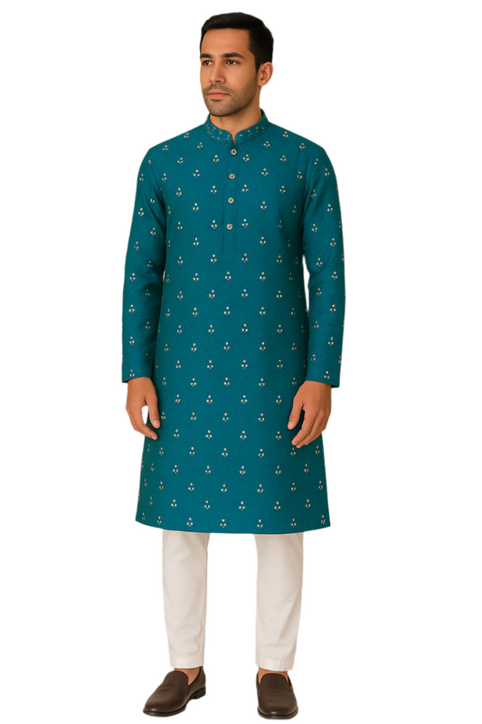 Teal Blue Printed Festive Kurta with White Pajama