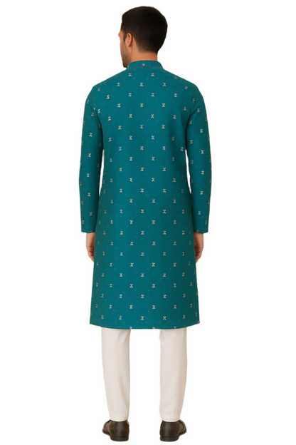 Teal Blue Printed Festive Kurta with White Pajama