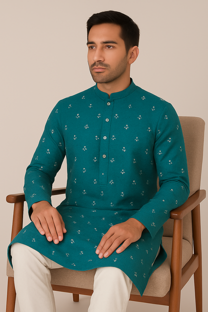 Teal Blue Printed Festive Kurta with White Pajama
