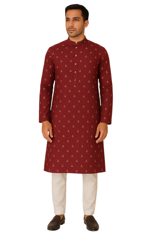 Maroon Kurta with Subtle Gold Motifs and White Churidar