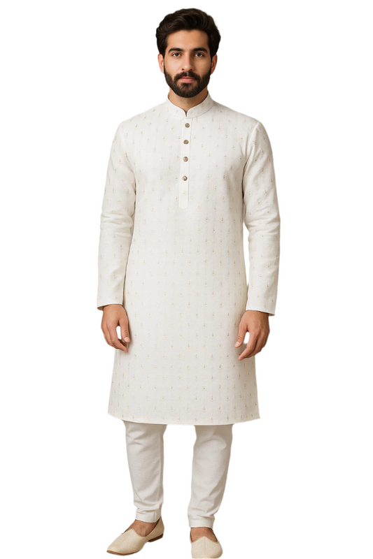 Ivory Textured Kurta Set with Golden Detailing – Elegant Ethnic Wear for Men