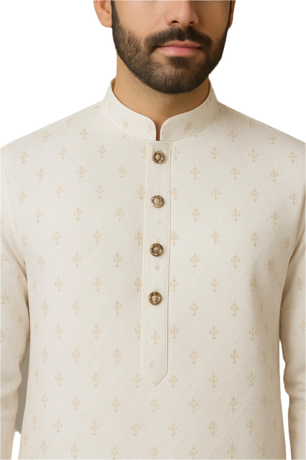 Ivory Textured Kurta Set with Golden Detailing – Elegant Ethnic Wear for Men