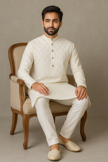 Ivory Textured Kurta Set with Golden Detailing – Elegant Ethnic Wear for Men