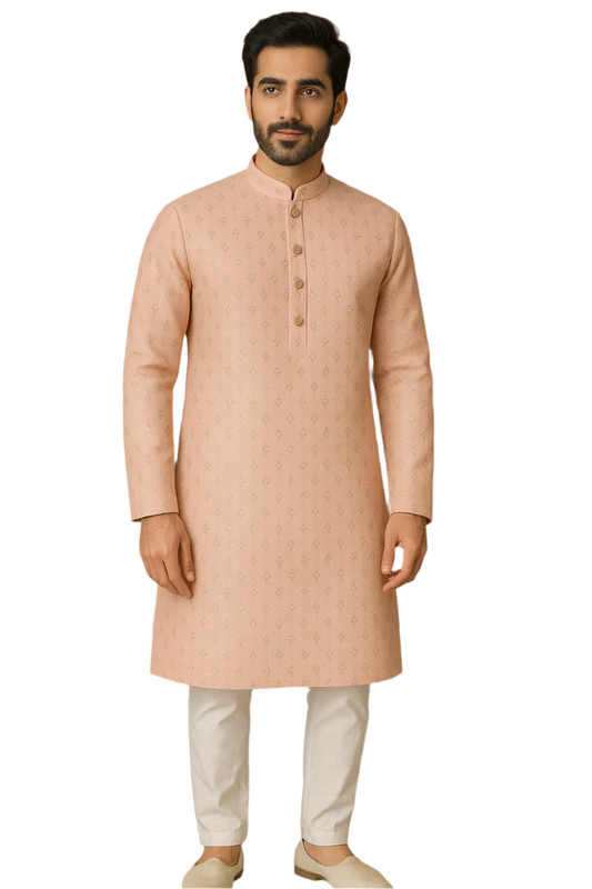 Peach Gold Embroidered Kurta with White Churidar – Graceful Ethnic Wear for Men