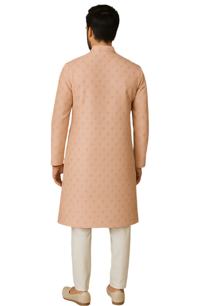 Peach Gold Embroidered Kurta with White Churidar – Graceful Ethnic Wear for Men