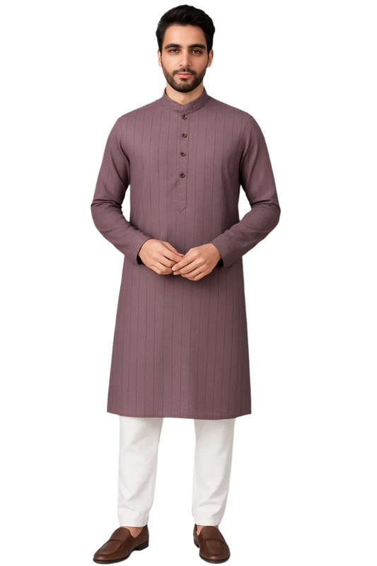 Mauve Textured Knee-Length Kurta with White Pajama