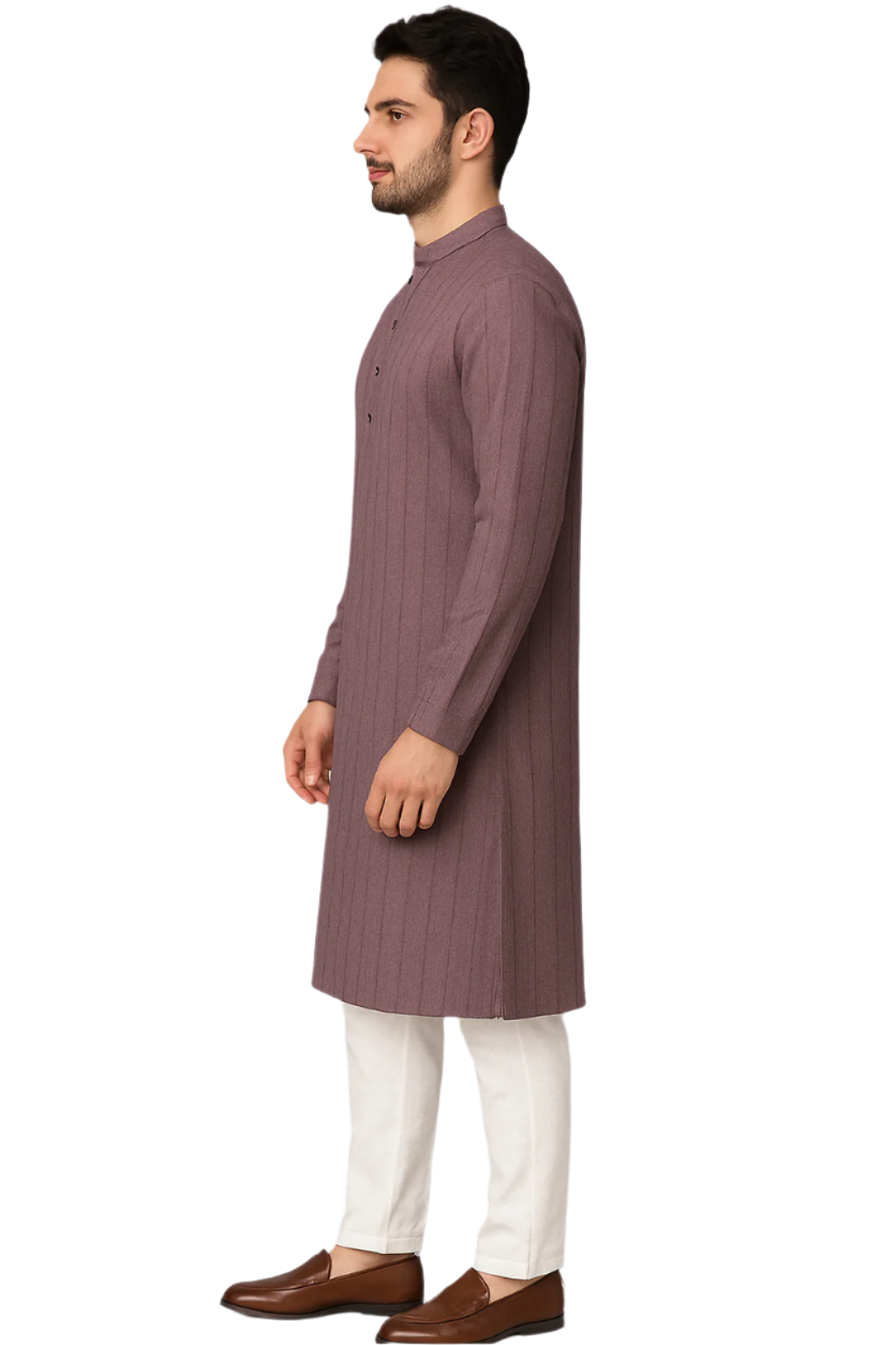 Mauve Textured Knee-Length Kurta with White Pajama