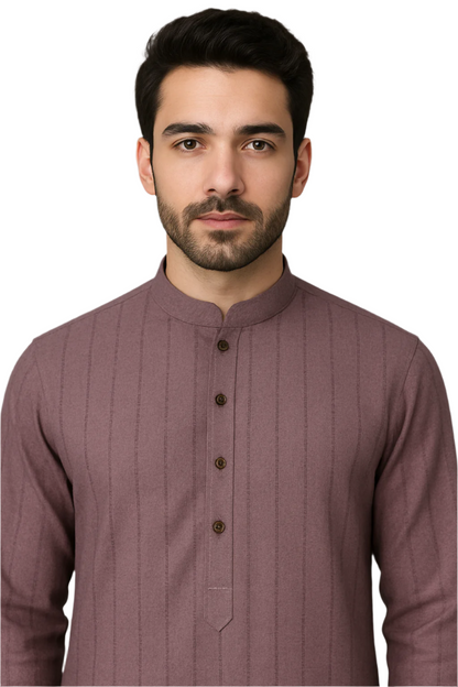 Mauve Textured Knee-Length Kurta with White Pajama