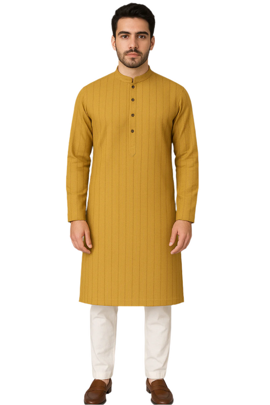 Mustard Textured Knee-Length Kurta with White Pajama