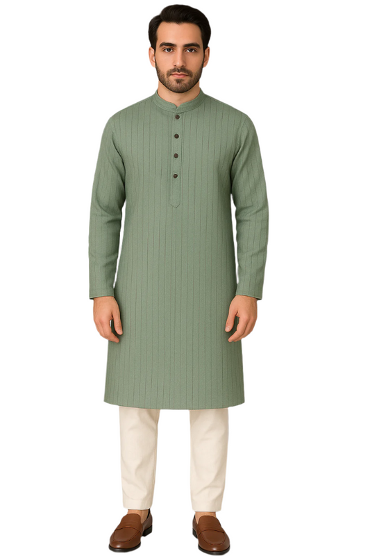 Sage Green Textured Knee-Length Kurta with White Pajama
