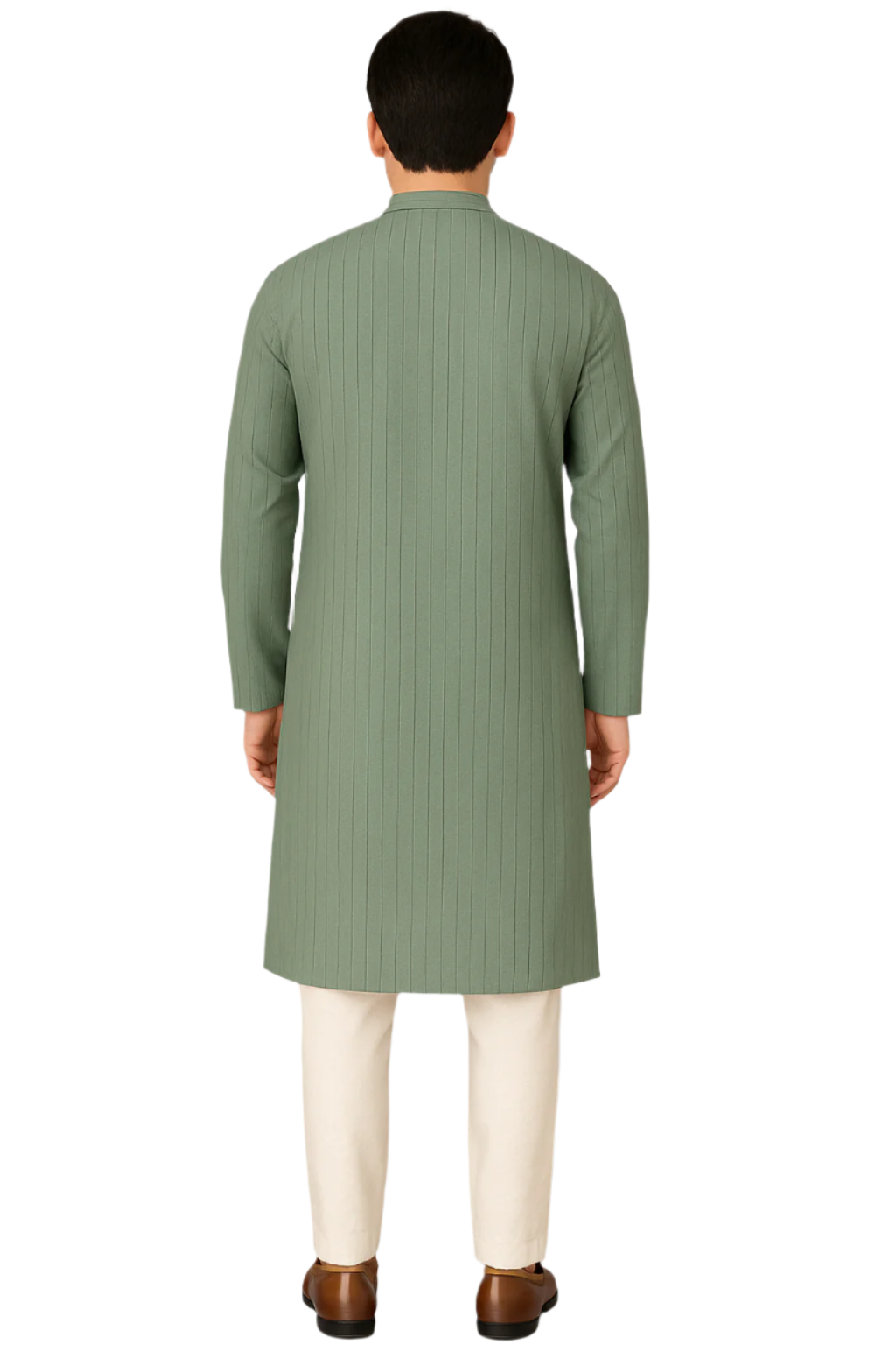 Sage Green Textured Knee-Length Kurta with White Pajama