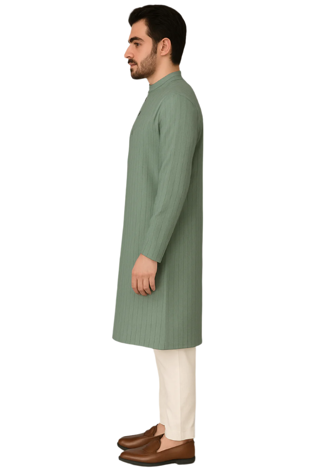 Sage Green Textured Knee-Length Kurta with White Pajama