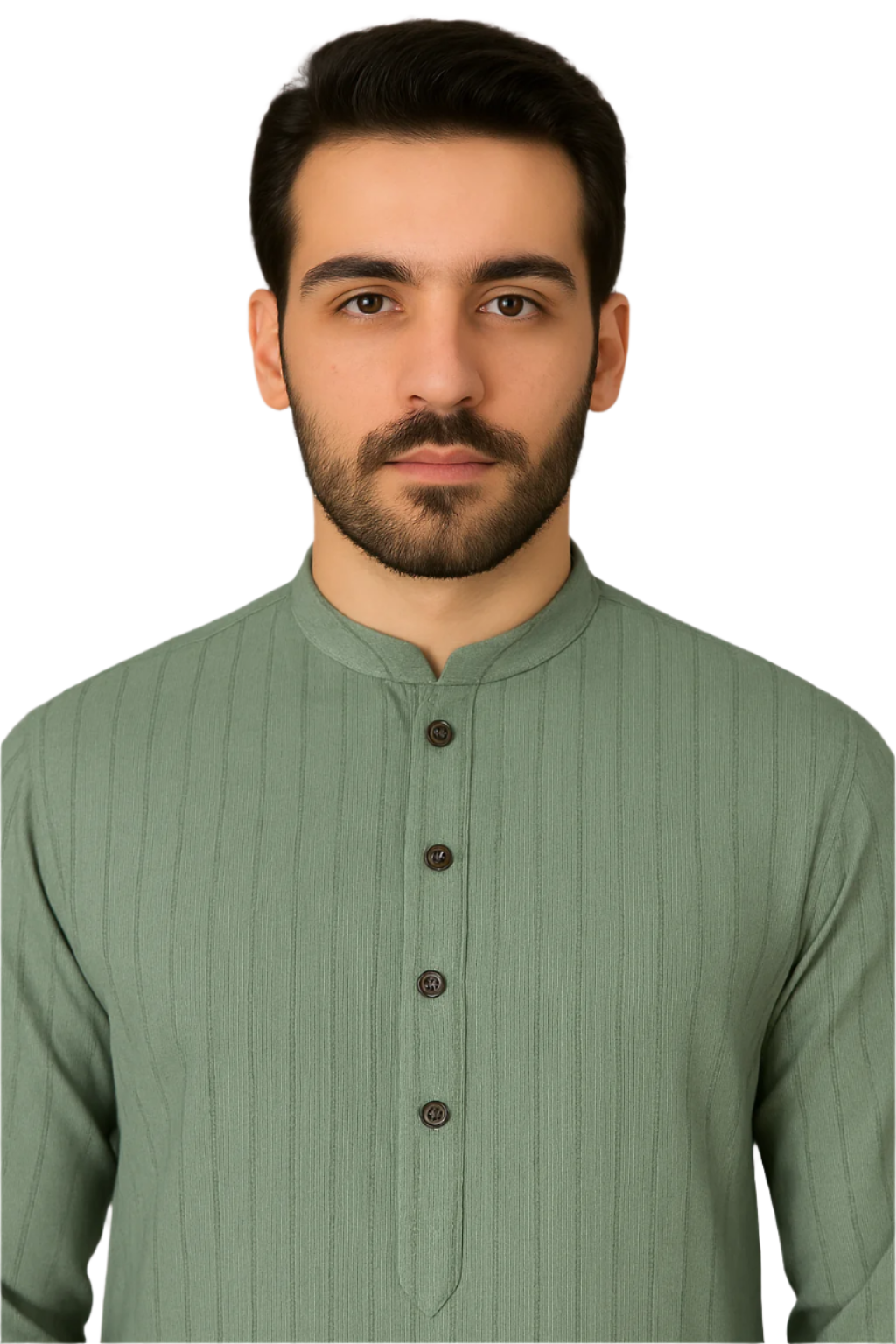 Sage Green Textured Knee-Length Kurta with White Pajama