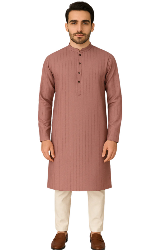 Dusty Rose Textured Knee-Length Kurta with White Pajama