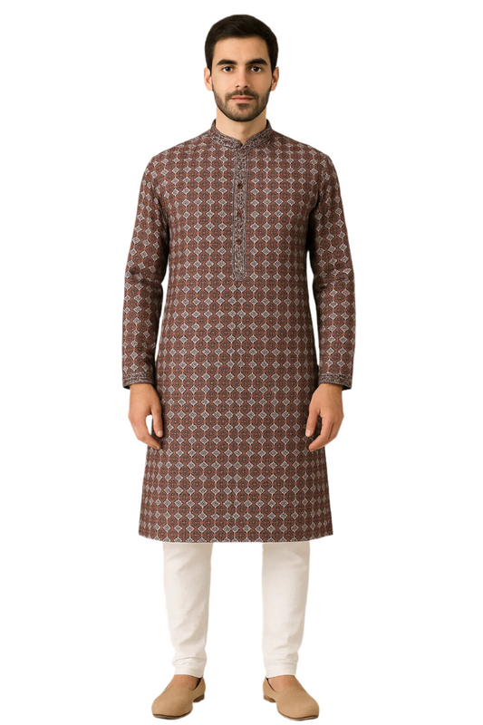 Maroon Diamond Print Kurta with White Churidar