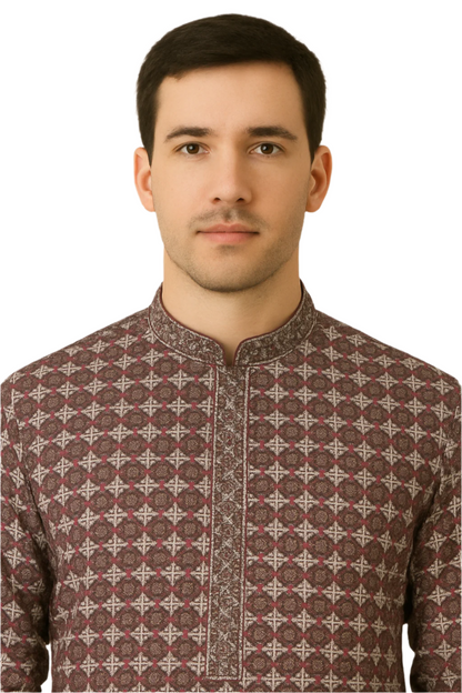 Maroon Diamond Print Kurta with White Churidar