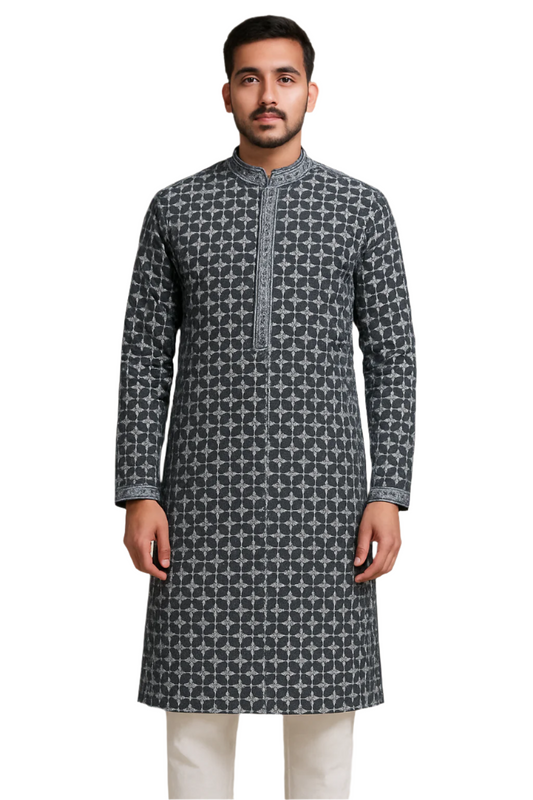 Navy Blue Kurta with White Starburst Pattern and Embroidered Detailing