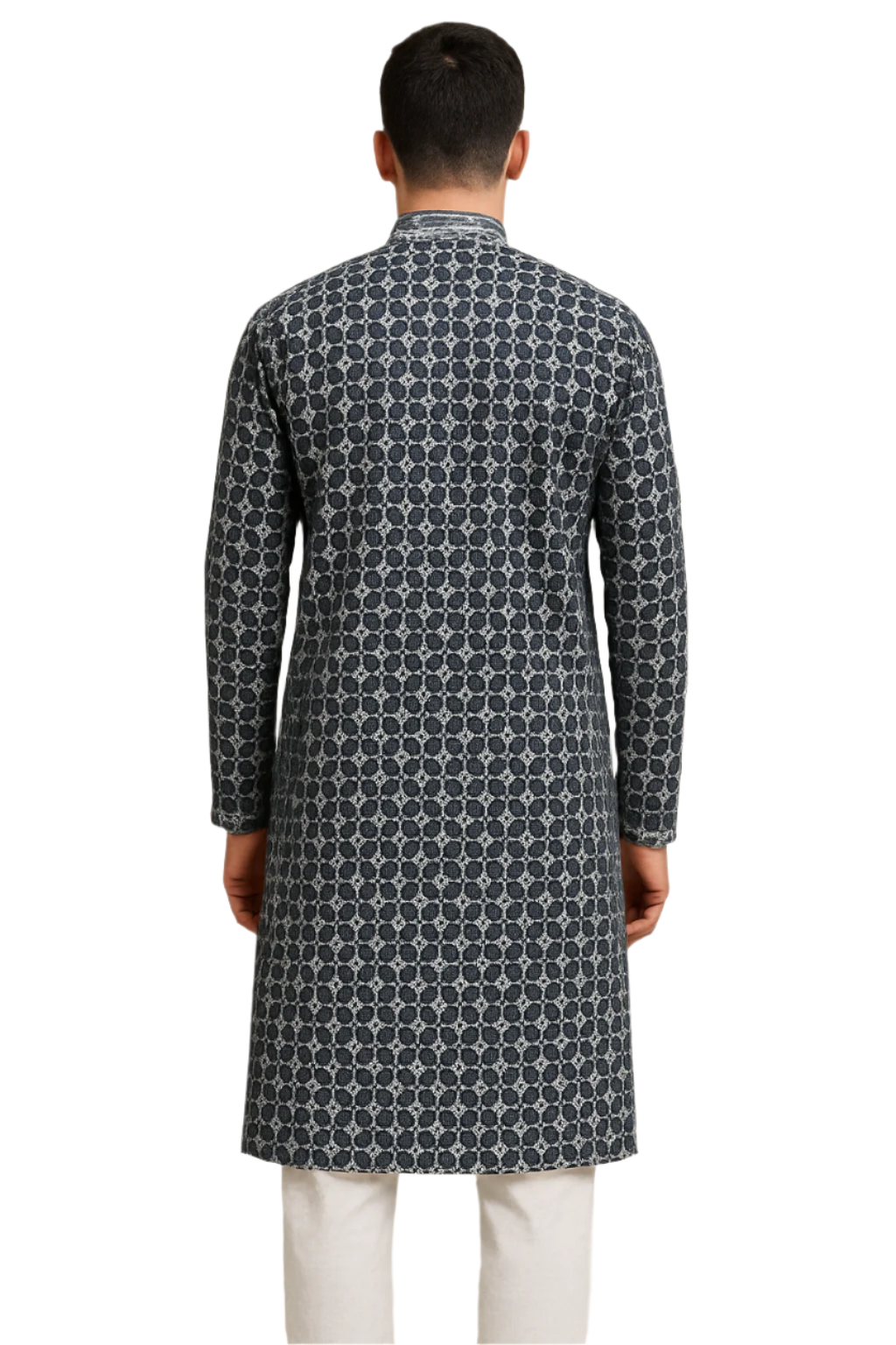 Navy Blue Kurta with White Starburst Pattern and Embroidered Detailing
