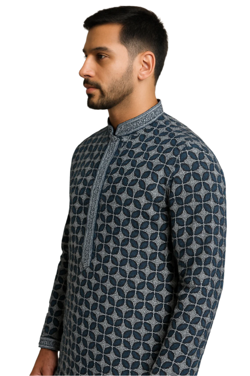 Navy Blue Kurta with White Starburst Pattern and Embroidered Detailing