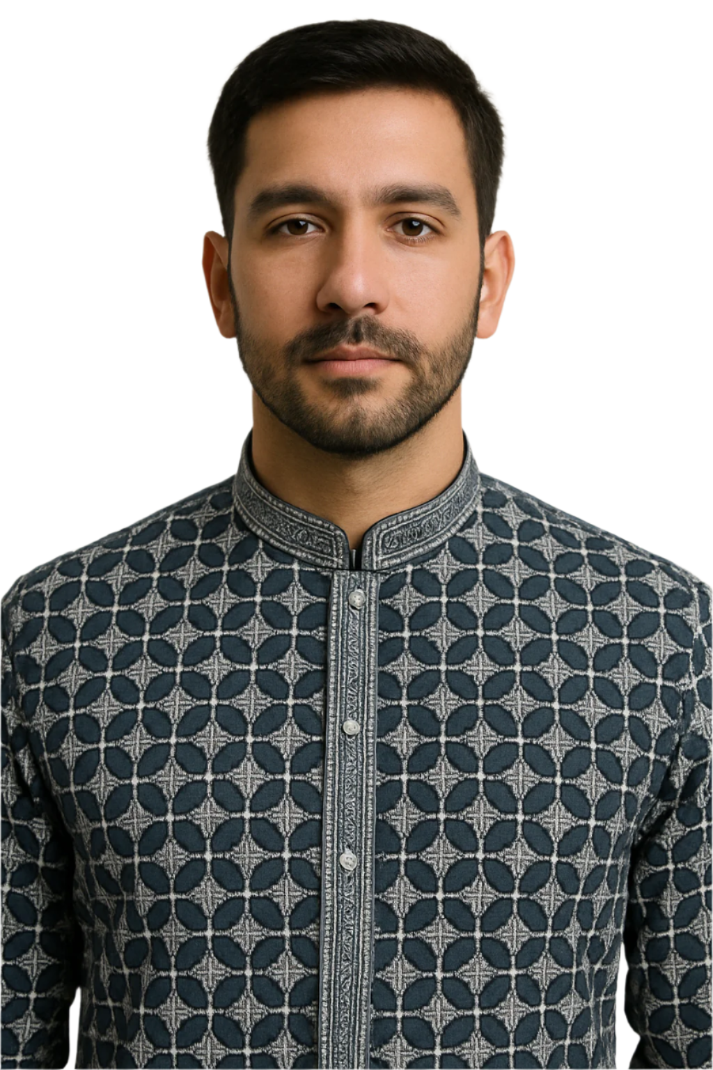 Navy Blue Kurta with White Starburst Pattern and Embroidered Detailing