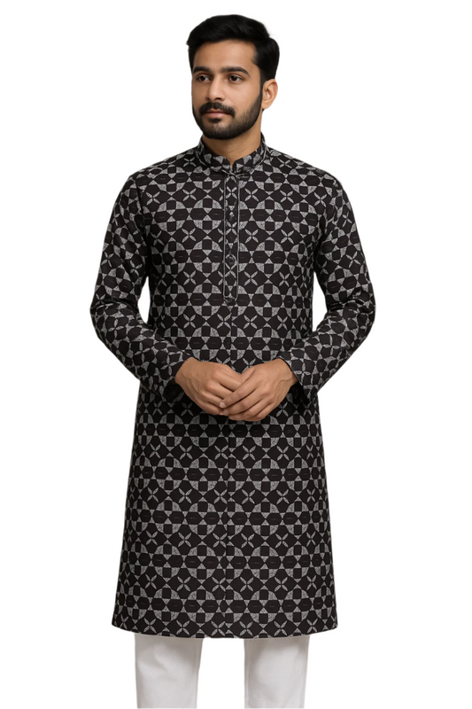 Men Black Printed Kurta with Geometric Motif and Mandarin Collar