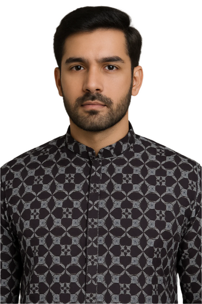 Men Black Printed Kurta with Geometric Motif and Mandarin Collar