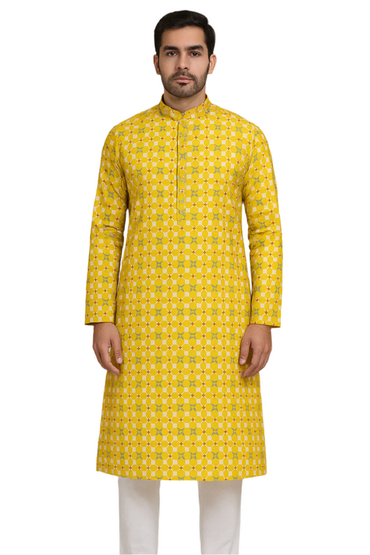 Bright Yellow Geometric Kurta with White Churidar – Festive & Fresh Ethnic Style
