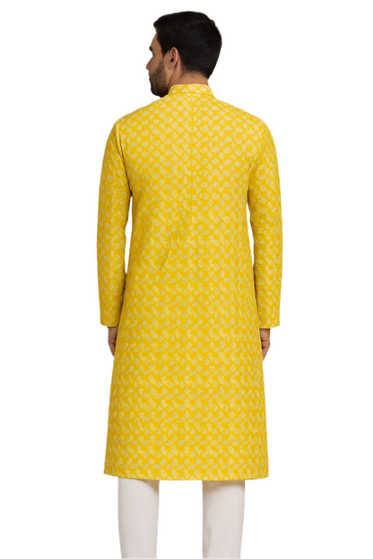 Bright Yellow Geometric Kurta with White Churidar – Festive & Fresh Ethnic Style