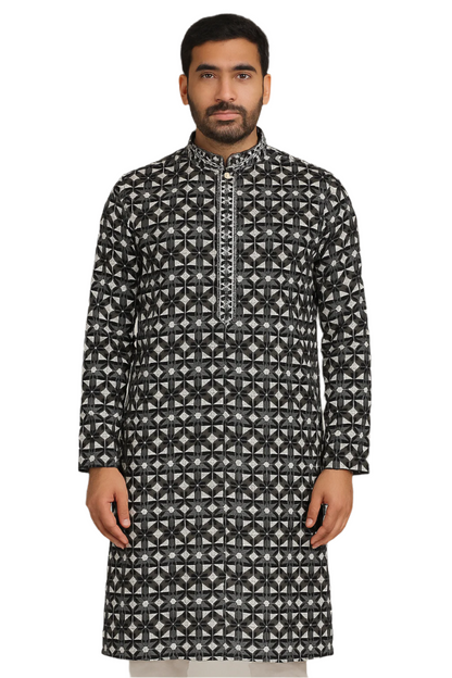 Men Black and Grey Embroidered Geometric Kurta with Contrast Placket