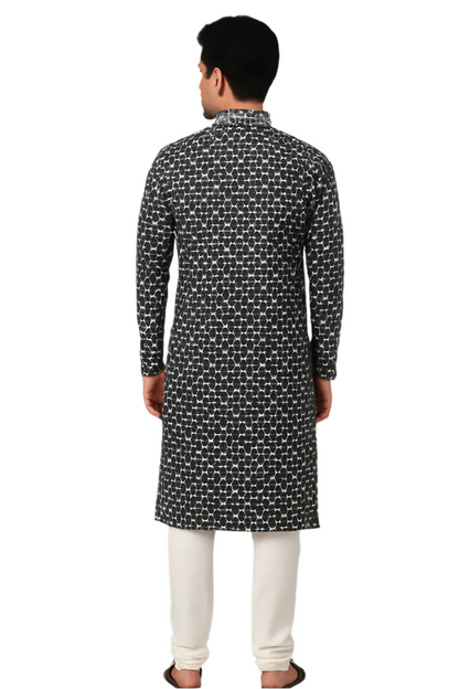 Men Black and Grey Embroidered Geometric Kurta with Contrast Placket