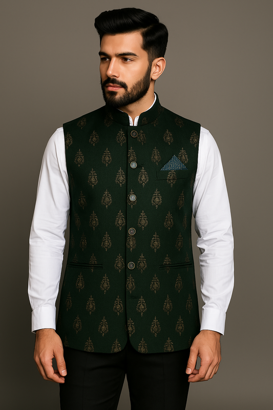 Jacket Kurta Set Banarasi Green For Men
