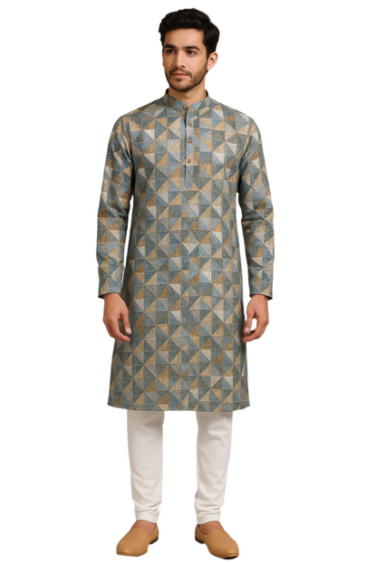 Blue and Beige Textured Geometric Print Kurta Pajama Set