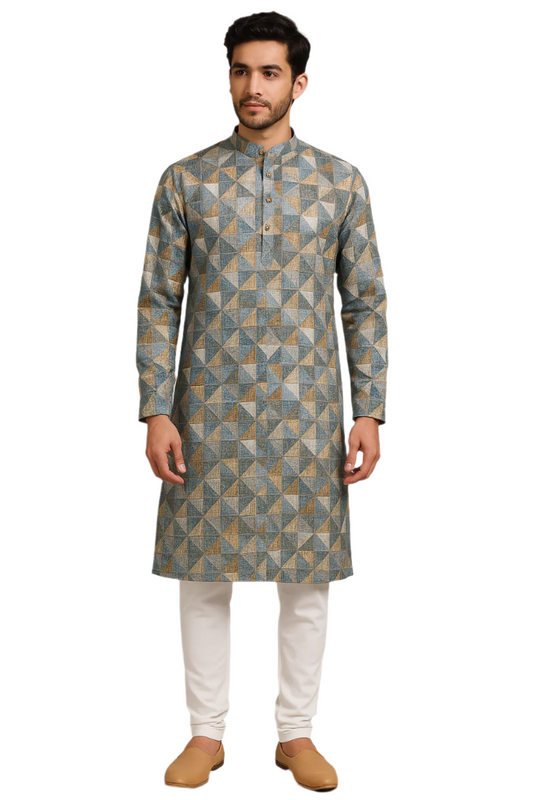 Blue and Beige Textured Geometric Print Kurta Pajama Set