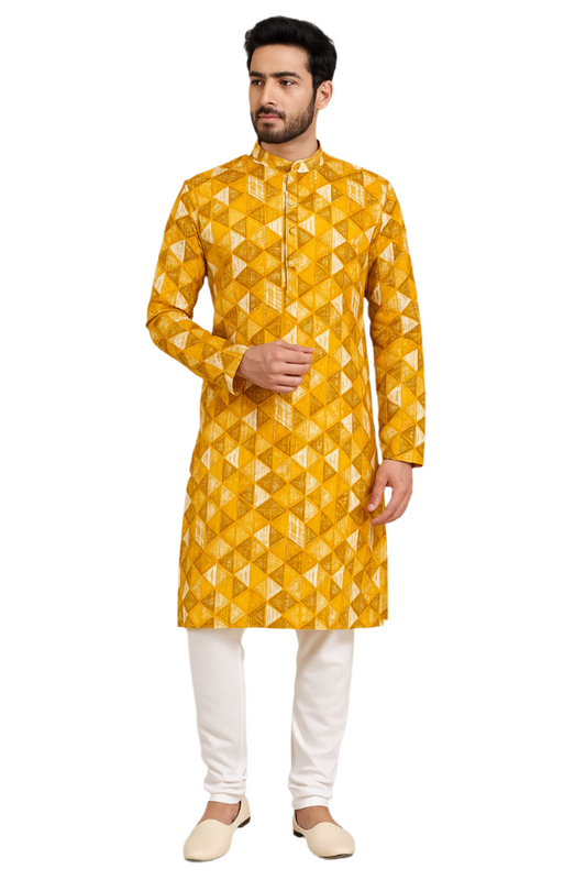 Mustard Textured Geometric Print Kurta Pajama Set