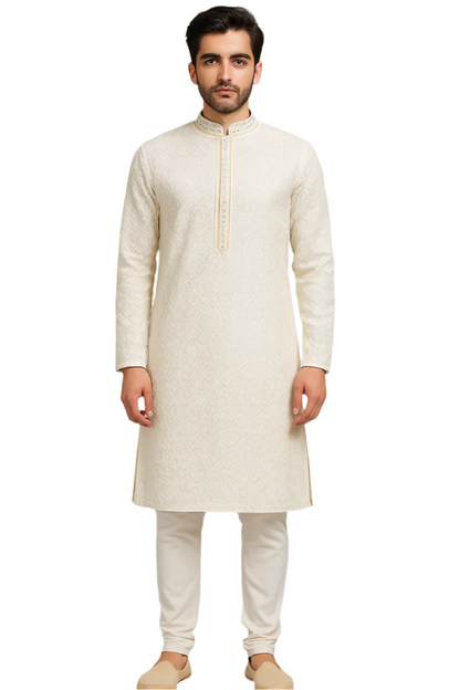 Ivory Textured Kurta Pajama Set