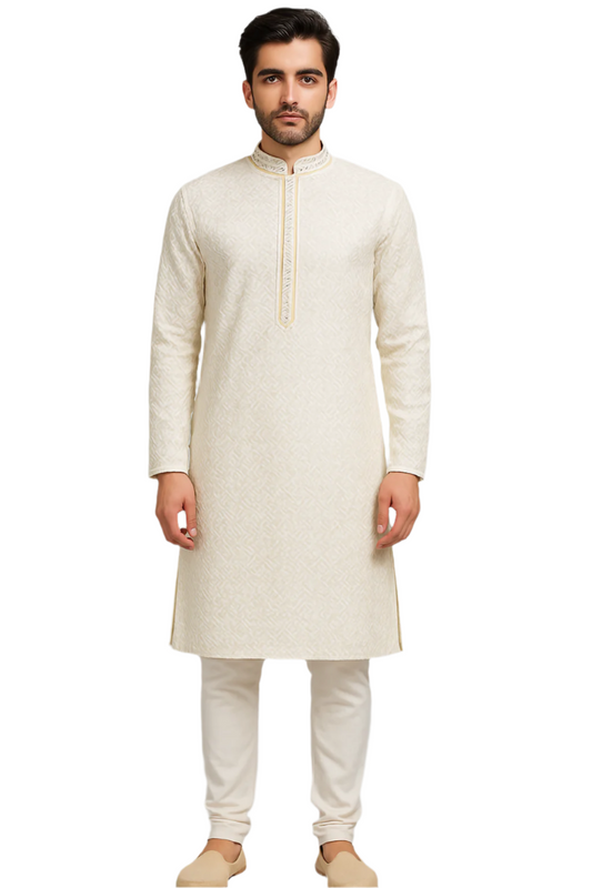 Ivory Textured Kurta Pajama Set