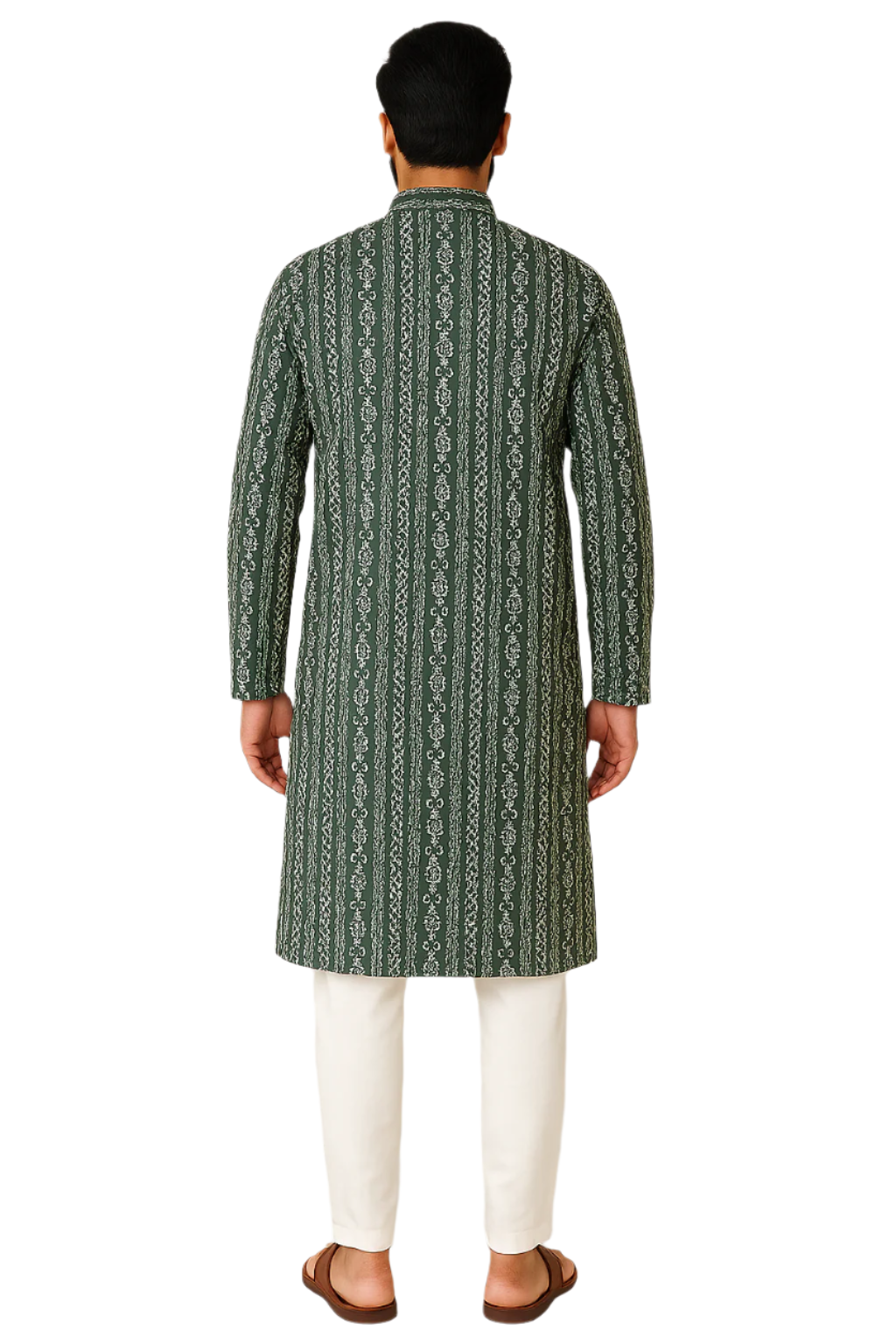 Green Printed Jaquard Kurta with White Churidar Pajama for Men