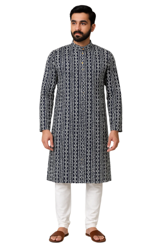 Navy Blue Printed Jaquard Kurta with White Churidar Pajama for Men