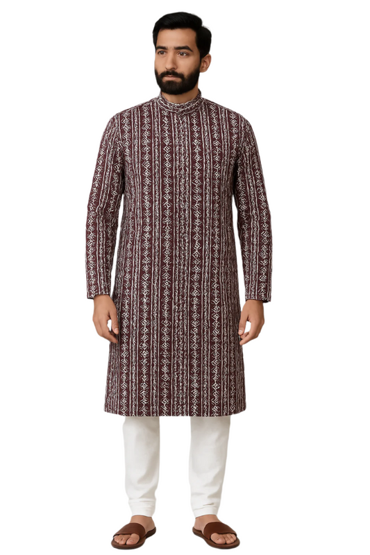 Maroon Printed Jaquard Kurta with White Churidar Pajama for Men