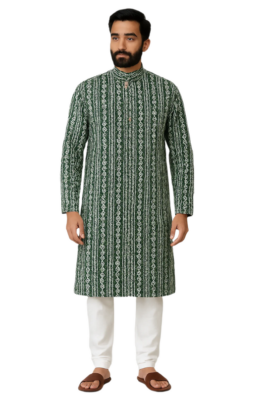 Green Printed Jaquard Kurta with White Churidar Pajama for Men
