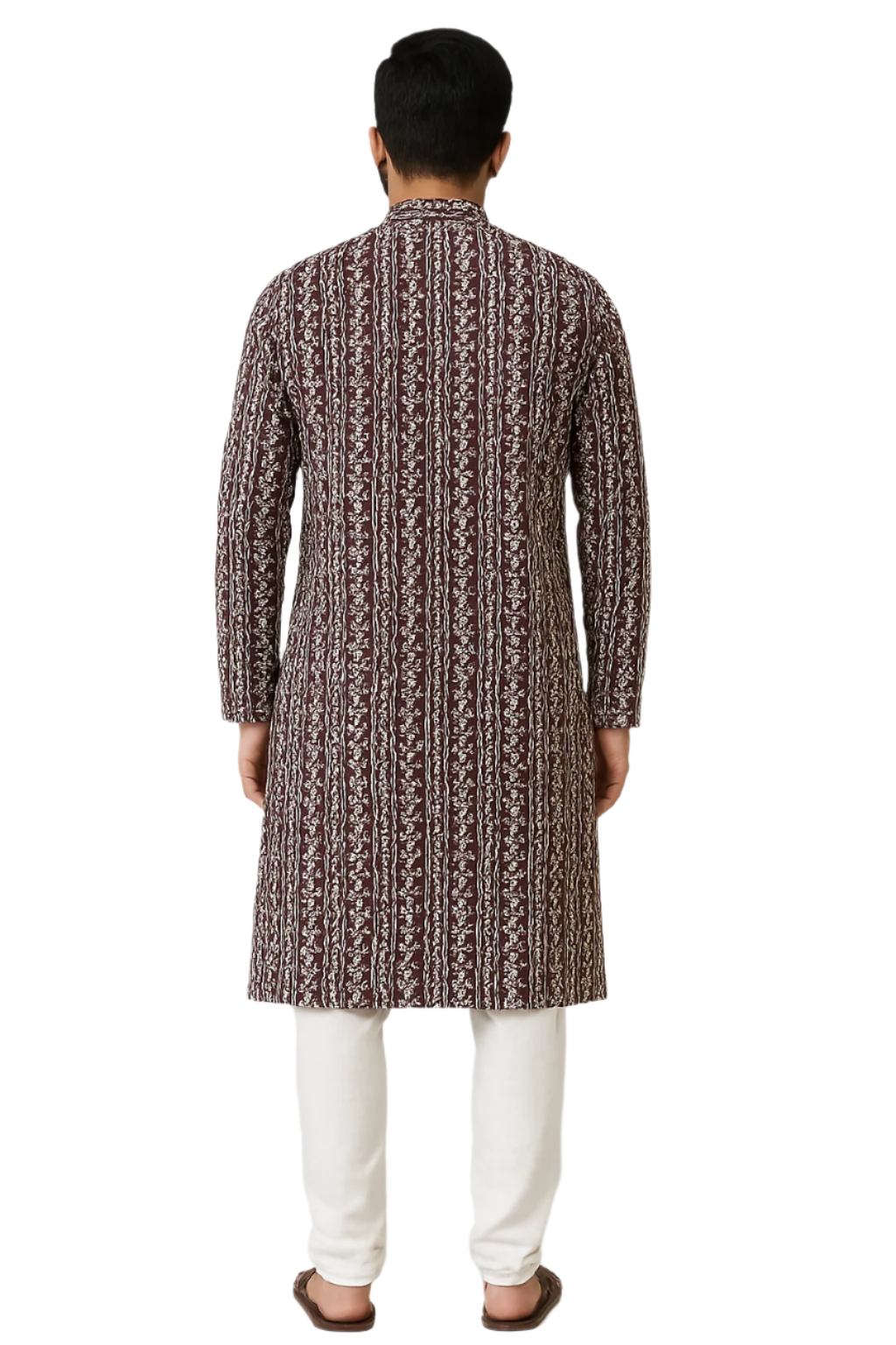 Maroon Printed Jaquard Kurta with White Churidar Pajama for Men