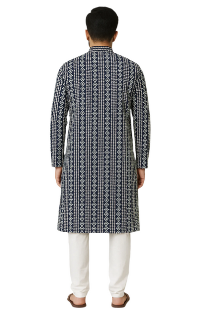 Navy Blue Printed Jaquard Kurta with White Churidar Pajama for Men