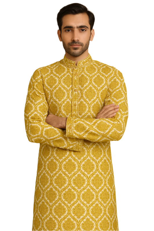 Mustard Yellow Brocade Kurta Set