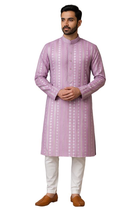 Lavender Striped Silk Kurta Set